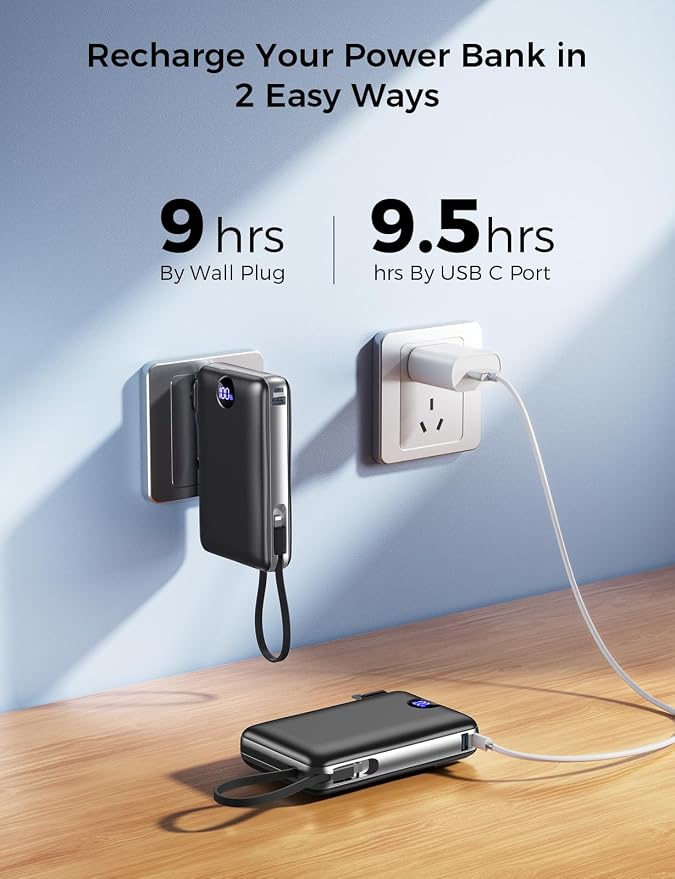Portable Charger Power Bank 50000mAh Massive Capacity, Built-in Wall Plug USB-C & iOS Cables, 22.5W Fast Charging Battery Pack with LED Display, Travel Essential for Camping, iPhone, Samsung Black