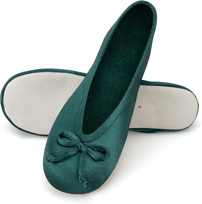 Isotoner Women's Satin Ballerina Slippers with Classic Ribbon Bow and Suede Sole