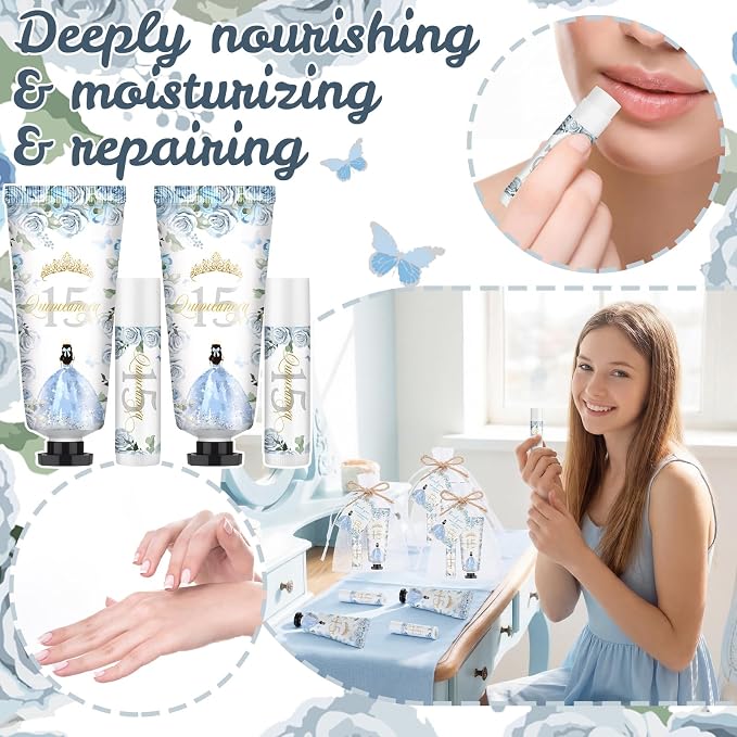 Leelosp 25 Set/100 Pcs Quinceanera Party Favor for Guest with Travel Size Hand Cream, Lip Balm, Card, Organza Bags Quinceanera Gift Set Sweet 15th Party Supply Birthday Souvenir(Dusty Blue)