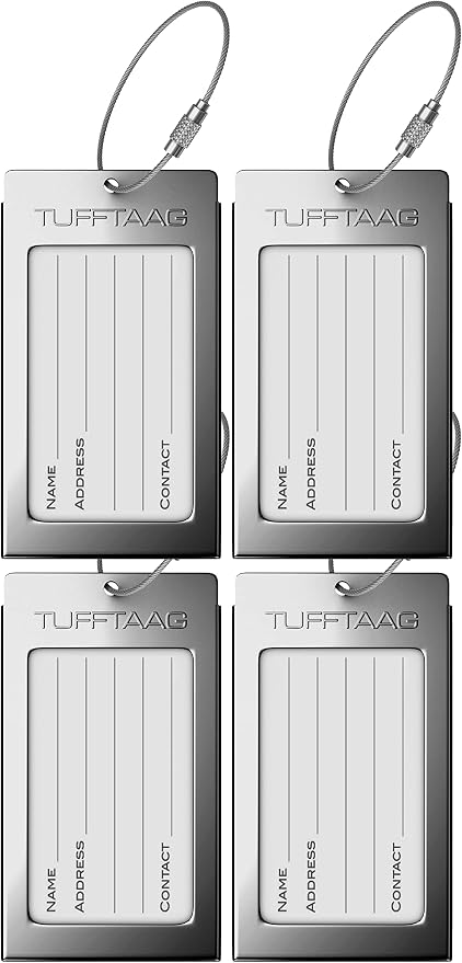 Luggage Tags Business Card Holder by TUFFTAAG - Durable Travel ID Bag Tag, Gunmetal, 4 Pack