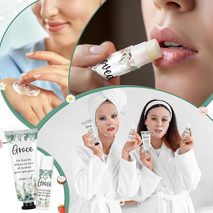 Loopeer 18 Sets Bulk Christian Hand Cream and Lip Balm Set for Women Religious Travel Size Moisturizing Lip Care Mini Religious Gifts for Women Coworker Appreciation Gift