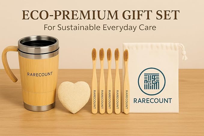 Eco Friendly Bamboo Coffee Tumbler Gift Set - Reusable Travel Mug with Lid, Insulated Stainless Steel Cup, Loofah Sponge & 5 Bamboo Toothbrushes, Sustainable Zero Waste Kit