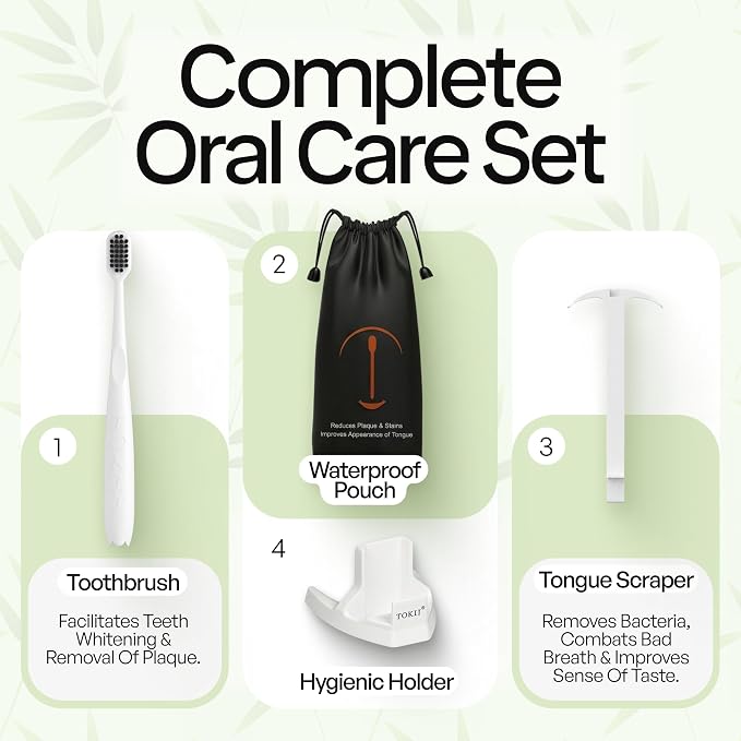 Tokii Tongue Scraper & Tongue Cleaner for Adults, 2-in-1 Toothbrush with Sliding Tongue Scraper, Charcoal Ultra Soft Bristles, Ayurvedic-Inspired, Includes Travel Toothbrush, Stand & Waterproof Pouch
