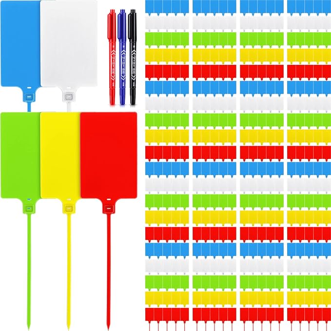300 Pcs Plastic Tags Seals Shipping Label 255 mm Total Length Waterproof Plastic Hanging Tags and 3 Color Marker Pens for Logistics Shipping Luggage Labeling Fastener (Red, Blue, Green, Yellow, White)