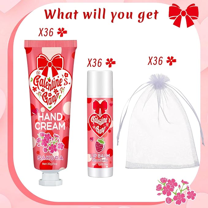 Demissle 36 Sets Galentine's Day Gifts Bulk 36 Lip Balm and 36 Hand Cream Gift Set Galentine's Day Party Favors Supplies Gift Ideas for Adults Friends Women Her Teacher Staff Nurse Coworker