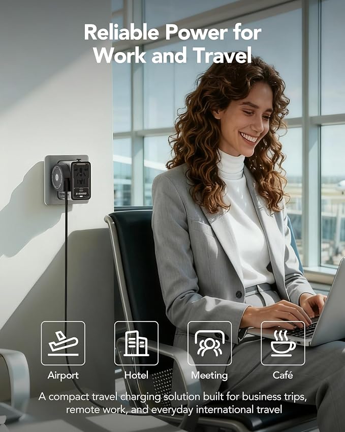 Mfish 75W Universal Travel Adapter with Retractable USB-C Cable, 3 USB-C & 1 USB-A, 1 AC Outlet, International Wall Charger for MacBook, iPhone, iPad, EU/UK/US/AUS, Type A/I/G/C, Grey