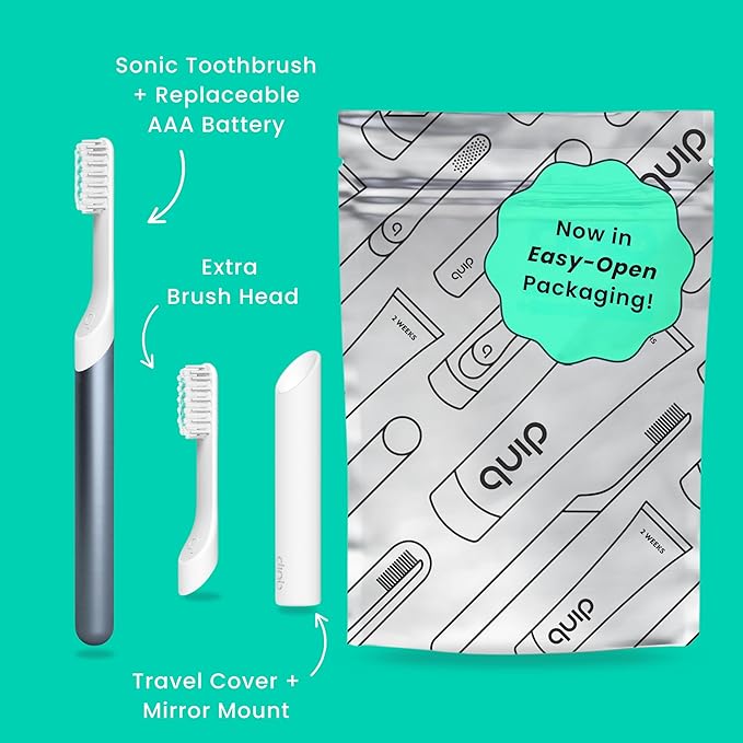 Quip Metal Sonic Electric Toothbrush for Adults - Time Travel & Soft Bristles with Travel Case & Replacement Brush Head - 3 Month Battery Life, Twilight Faded Blue