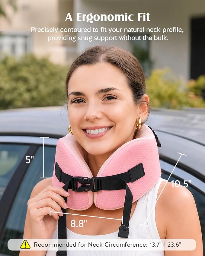 YFONG Travel Pillow for Long Flights, Patented 360° Ergonomic Sleeper Hold Head Support System with Memory Foam Neck Pillow & 3D Sleep Mask, Prevent Head Bobbing for Airplane & Road Trip, Pink