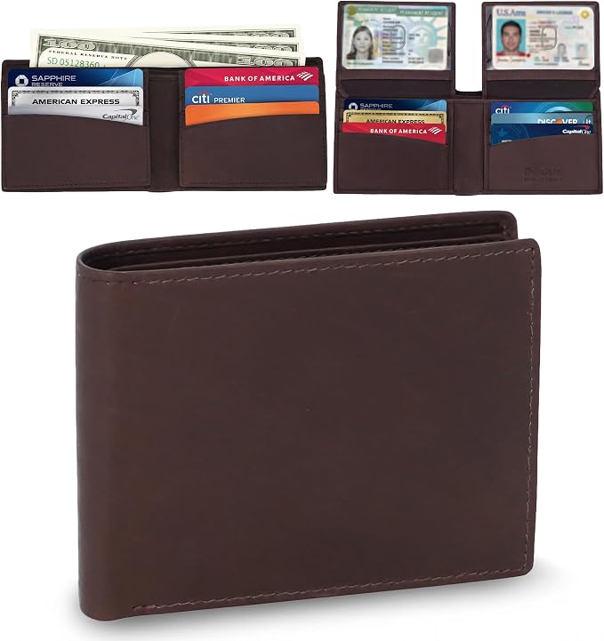 ROGUE WALLET Mens Leather RFID Blocking Wallet for Men - Genuine Top Grain Cow Leather Bifold, 12 Credit Card Slots, 2 ID Windows, Traditional Hip Pocket Billfold - Secure RFID Protection (Brown)