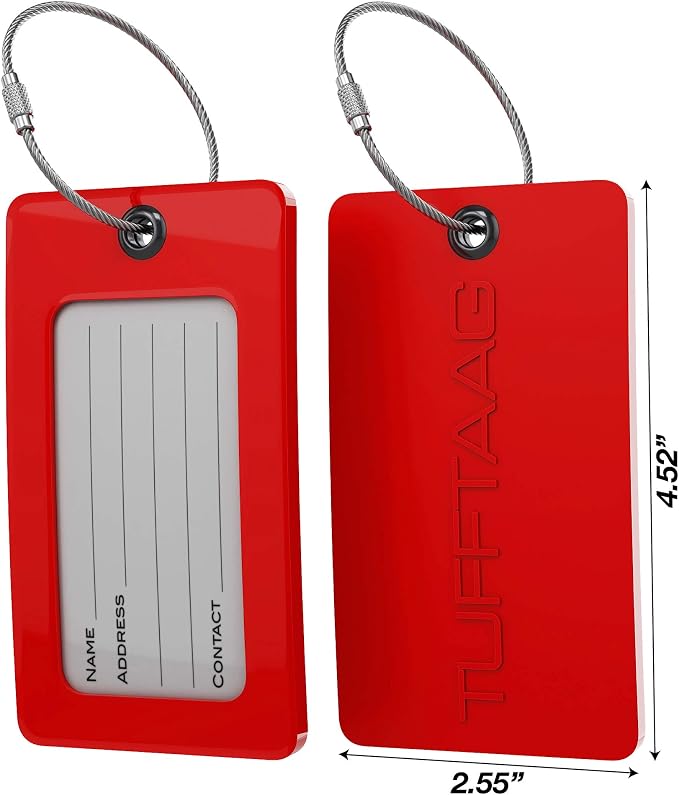 Luggage Tags Business Card Holder by TUFFTAAG - Flexible PVC Travel ID Bag Tag, Red, 2 Pack