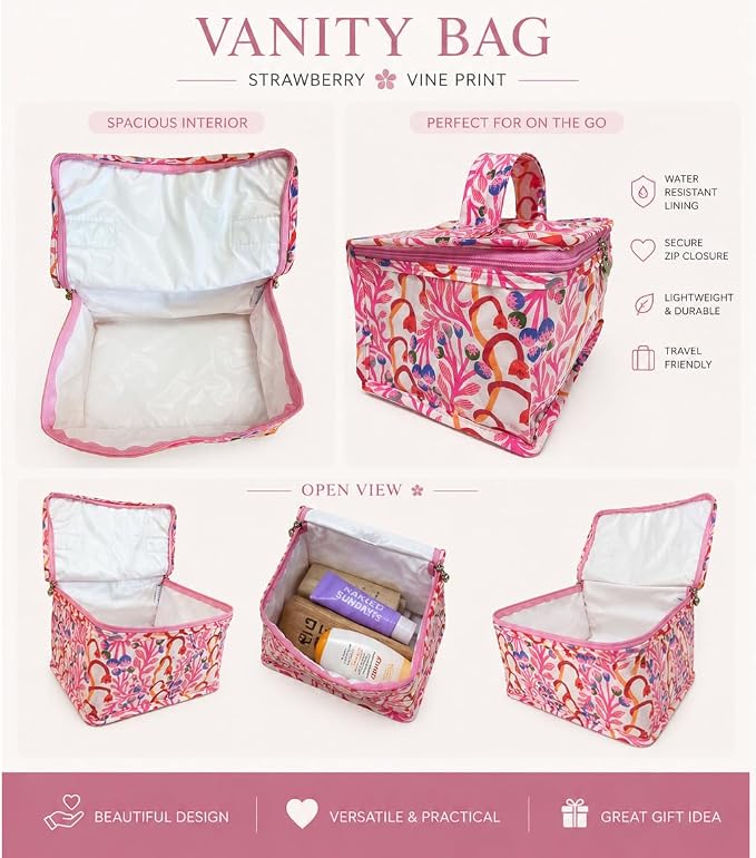 Jacaranda Living Vanity Bag - Water-Resistant, PVC-Lined - Strawberry Vine