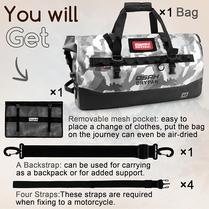 OSAH DRYPAK Waterproof Duffel Bag 25L/40L/60L – Heavy-Duty Motorcycle Tail Bag, Roll-Top Dry Bag for Travel, Camping, Boating, Kayaking, Outdoor Adventure
