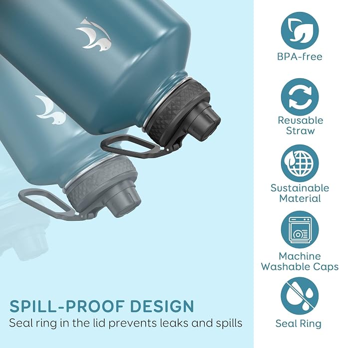 Coolflask 128 oz Gallon Water Bottle Insulated with Straw&3 Lids, Water Jug Large Stainless Steel Metal Vacuum Wide Mouth for Sports, Gym or Office, Non-BPA Keep Cold 48H Hot 24H, Samurai Cyan