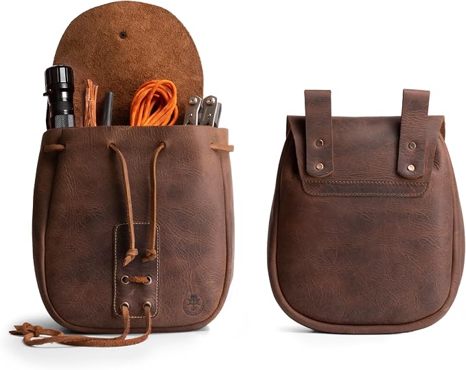 Bushcraft Bag, Portable Safe Pouch for Securely Storing Money, Coins, Bills, Valuables, Full Grain Leather, Handmade, Bourbon Brown