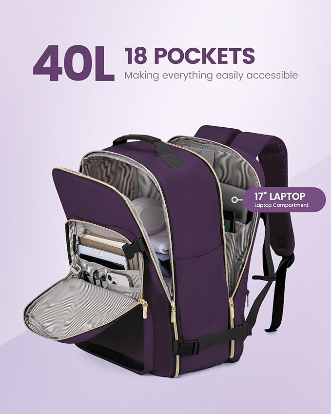 LOVEVOOK 40L Travel Backpack Flight Approved Carry on Backpack,3 Packing Cubes,Waterproof Personal Item Travel Bag,TSA Carry on Luggage Suitcase Travel Essentials,Gifts for Women & Men,fits 17" Laptop