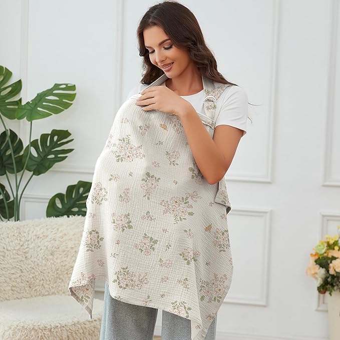 Muslin Nursing Cover for Baby Breastfeeding, Breathable 100% Cotton Breastfeeding Cover with Rigid Hoop for Mother Nursing Apron (Floral Love)