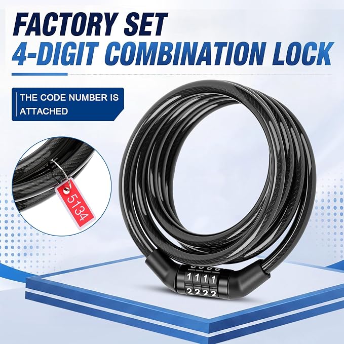 Bike Lock Cable with Combination, Coiled Preset Bike Lock High Security 4 Digit Bicycle Locks Anti Theft Bikes Accessories Black Bicycle Cable Locks, 5/6 Inch Diameter(10 Pcs,5 Feet)