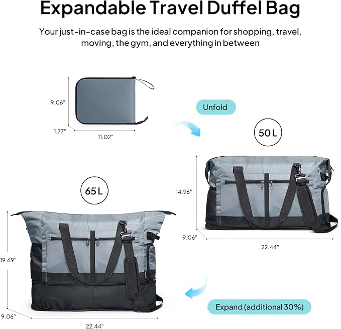 TOPEAST Foldable Travel Bag for Men & Women, 65L Weekender Overnight Duffle Bag for Travel, Expandable Airline Approved Carry-On with Shoe Compartment, Lightweight Personal Item Bag, Water-resistant