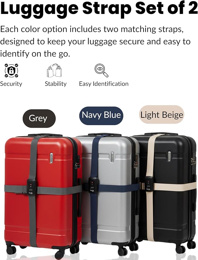 Charcoal Grey TSA Approved Luggage Straps Set of 2, Precision-Engineered Adjustable Suitcase Belts with 3-Dial Combination Lock, Heavy-Duty Polyester Travel Belt Fits Checked Bags and Carry-On