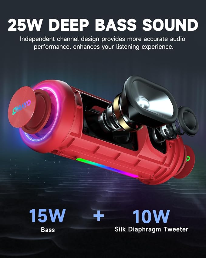 OHAYO Bluetooth Speaker, Portable Wireless, IPX7 Waterproof, Powerful 25W Sound, 24H Playtime, Dual Pairing, Active Bass, Colorful Lights, Bluetooth 5.3, Outdoor Speakers for Home/Party/Beach, Red