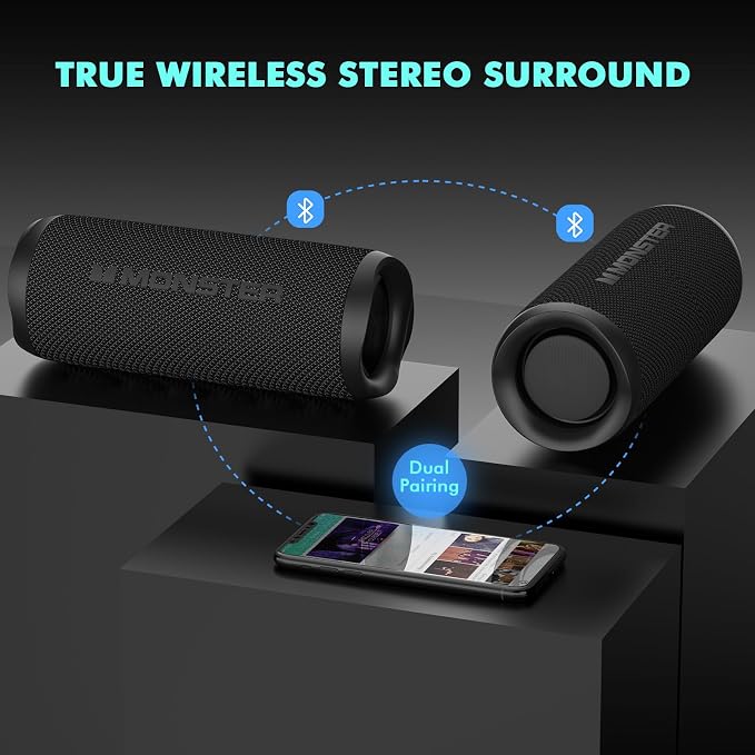 Monster Bluetooth Speaker, Wireless Portable Outdoor Bluetooth Speakers, 60W True Wireless Stereo IPX8 Waterproof, Dual PairingBluetooth 5.4 Built-in Mic, Black