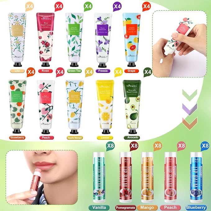 80 Pcs Hand Cream Bulk and Lip Balm Bulk Gift Set Scented Hand Lotion for Dry Skin Travel Lip Moisturizer Gifts Lip Gloss Bulk for Women Coworkers Bridal Shower Gifts Party