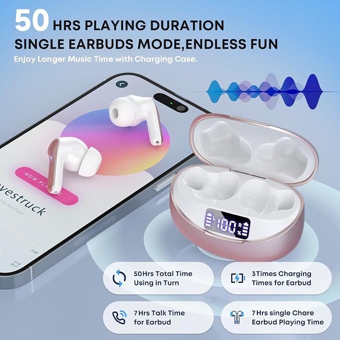 Wireless Earbuds, Bluetooth 5.4 Headphones HiFi Stereo 50H Playback LED Digital Display Ear Buds with ENC Noise Canceling Headset, IPX7 Waterproof Earphones for Running/Workout (Rose Gold)
