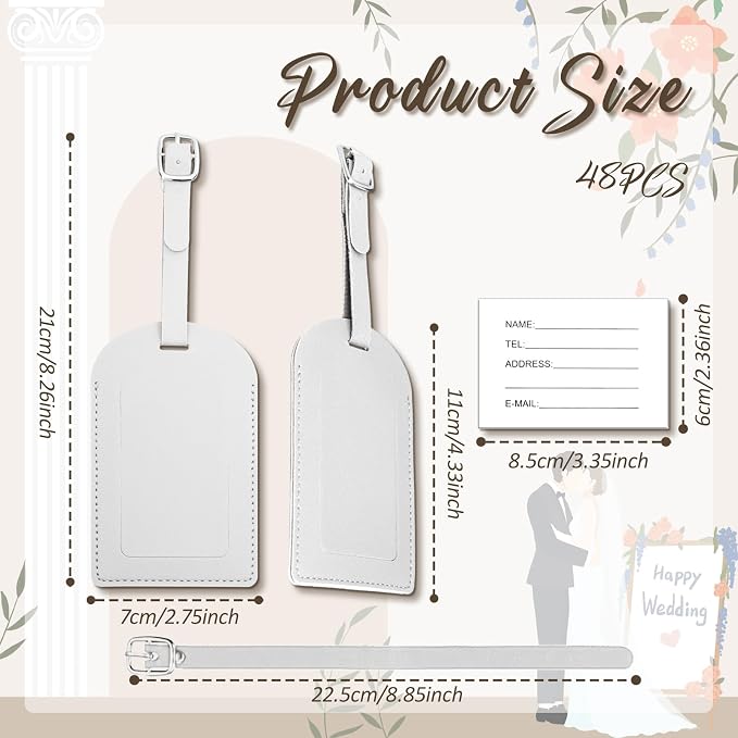 48 Pack Leather Luggage Tags PU Leather with Name ID Card Wedding Favors for Guests Bridal Shower Gifts (White)