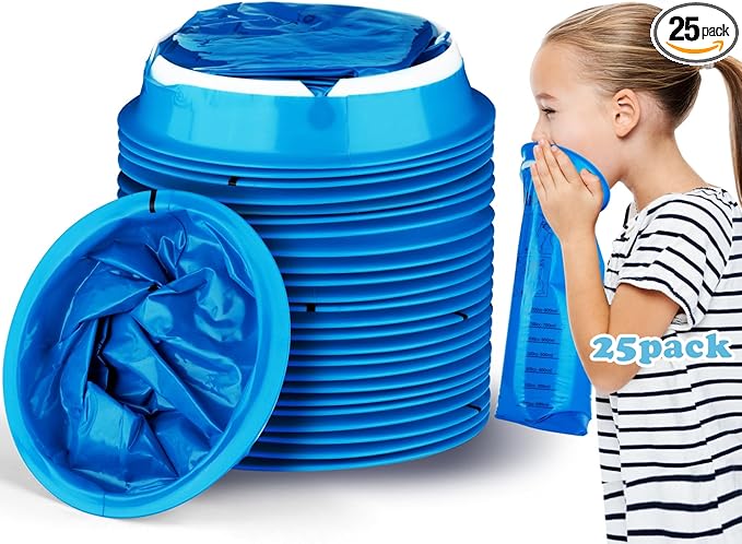 Valchoose 25 Pack Kids Throw up Bags 800ml, Hospital Graded Puke Bags for Car Kids, Motion Sickness No Leak, Useful Perfect for Car Sick, Chemo, Road Trips (Blue)