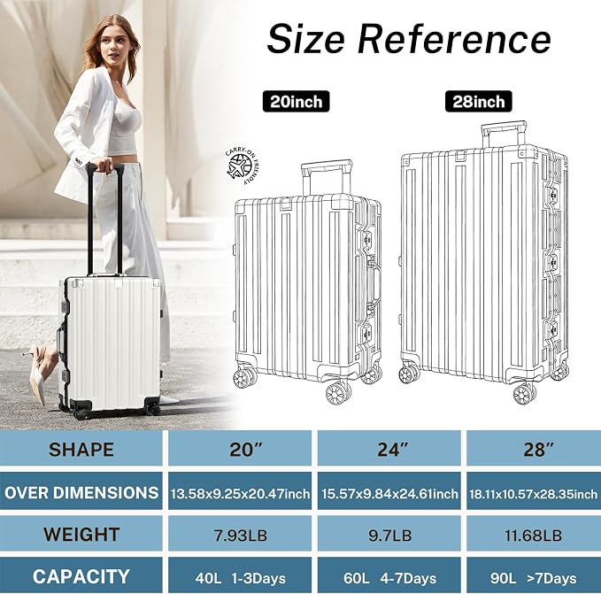 Krute Zipperless Luggage 24 Inch Aluminum Frame Suitcase with Spinner Wheels PC+ABS Hardide Checked Luggage TSA Approved No Zipper Travel Suitcase White