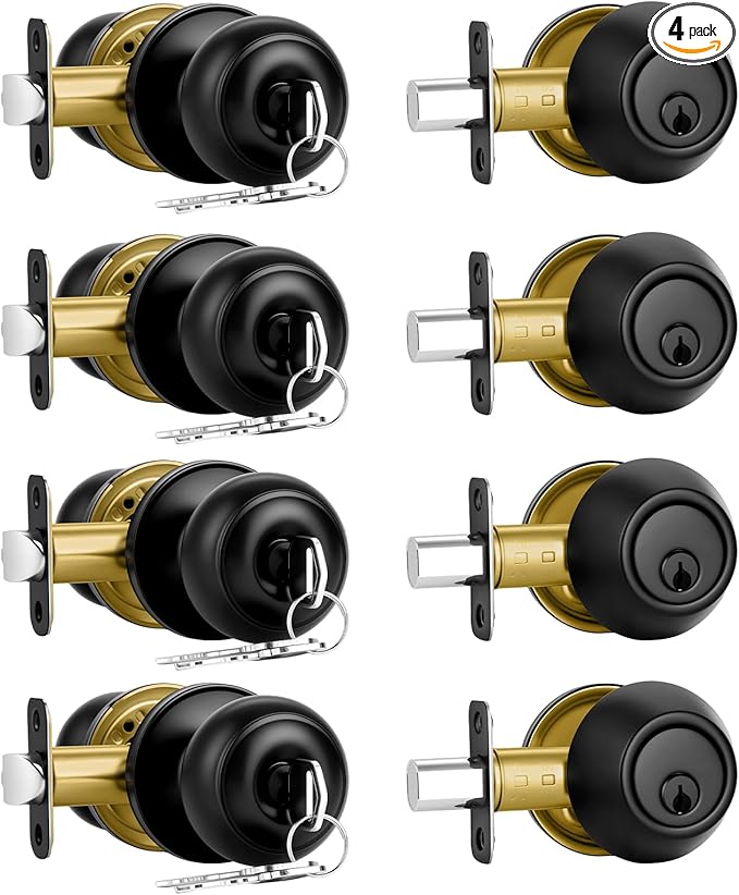 Plustool 4 Pack Front Door Lock Set,Matte Black Exterior Door Lock Set with Deadbolt,Single Cylinder Deadbolt Lock and Door Knob Set,Keyed Alike Door Knob with Lock&Keys,Round Ball Entry Door Lockset