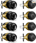 Plustool 4 Pack Front Door Lock Set,Matte Black Exterior Door Lock Set with Deadbolt,Single Cylinder Deadbolt Lock and Door Knob Set,Keyed Alike Door Knob with Lock&Keys,Round Ball Entry Door Lockset