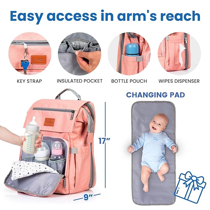 PILLANI Baby Diaper Bag Backpack - Diaper Bags for Baby Girl - Baby Shower Gifts for Girls - Large Waterproof Diaper Backpack - Pink Diaper Bag & Cute Baby Bags for Girls w/Portable Changing Pad, Pink