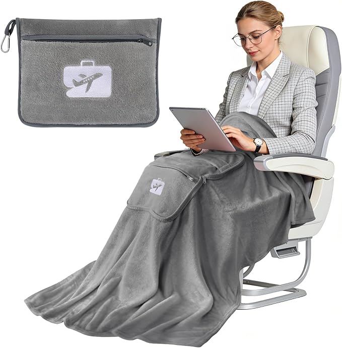 SINLAND Travel Pillow and Blanket 2-in-1 Set,Airplane Packable Bag,Soft and Lightweight Plane Flight Car Trips Travel Essentials Gift,Hand Luggage Sleeve and Backpack Clip,60x52 Inch Grey