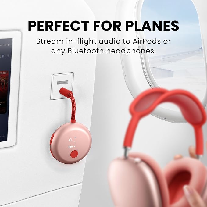 Avantree SoundJet R1 – 25Hr Airplane Bluetooth Adapter for All AirPods | Qualcomm Chipset & aptX Adaptive, Wireless Audio Transmitter for Flight Travel, Works with Bose & Other Headphones