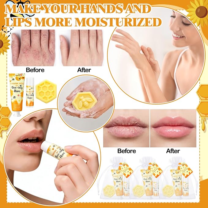 Loopeer 30 Set/150 Pcs Bee Theme Baby Shower Favors for Guests Gifts Hand Cream Lip Balm Soap Party Favors Travel Size with Bags, Thanks You Card for Games Prizes Souvenirs