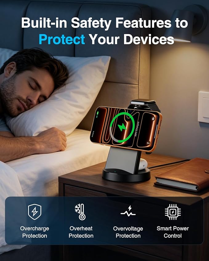 25W Magnetic 3-in-1 Wireless Charging Station for Apple Multiple Devices: Fast Charger Stand for iPhone Air 17 16 15 14 13 12 Pro Max, Apple Watch and AirPods-Perfect for Business and Travel, Black