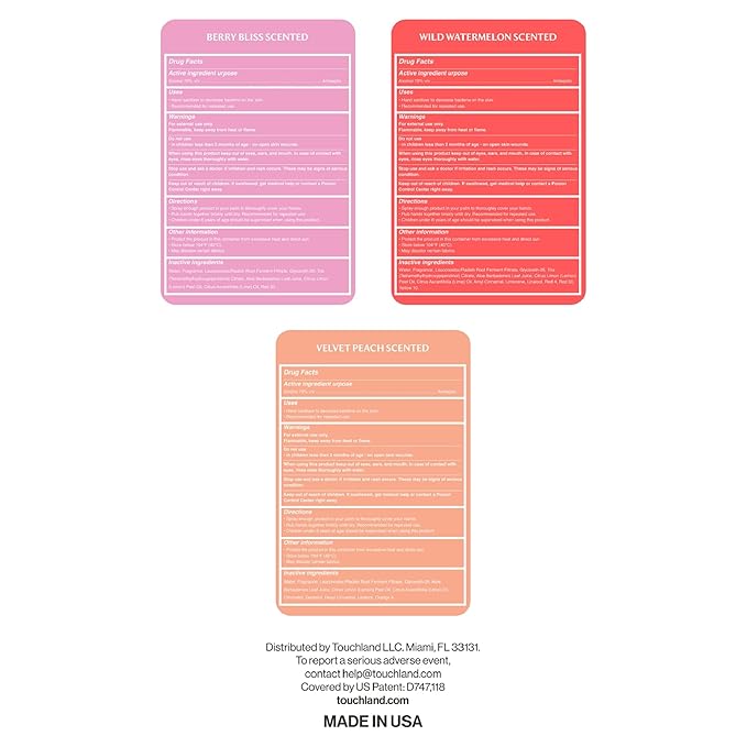 Touchland Hydrating Hand Sanitizer Spray – Juicy Trio Set (Wild Watermelon, Velvet Peach, Berry Bliss) – 3 x 1 FL OZ Travel Size Mists