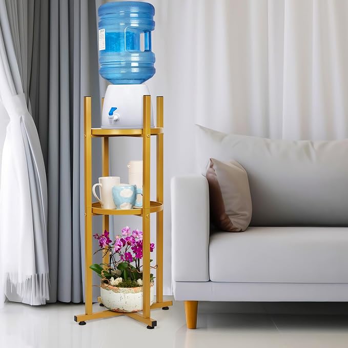 Water Dispenser Stand 5 Gallon Water Jug Stand Sturdy Water Stand(32.8" H-11.2" W) Water Jug Stand with 2 Round Shelfs for 1-5 Gallon Water Bottles/Crocks, Water Jug and Plant Stand (Gold)
