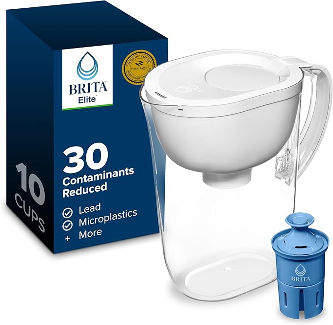 Brita Large 10-Cup Elite Water Filter Pitcher, WQA NSF/ANSI Certified, Reduces 99% of Lead, Microplastics, & 30 Contaminants, BPA-Free, Removes Chlorine Taste & Odor, 1 Elite Filter, White