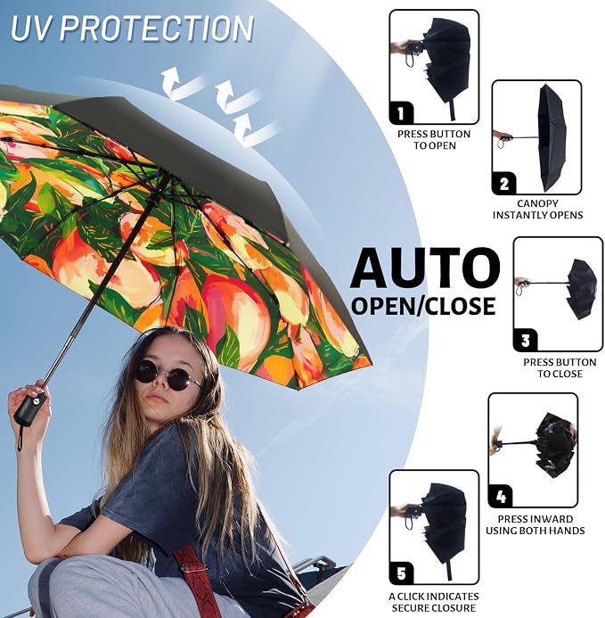 SY COMPACT Travel Umbrella - Windproof Automatic Compact Umbrella for Rain, Lightest 8-Rib, Small, Strong & Portable, Durable Grip, Fits Backpack & Car, Factory Direct (UV Available)