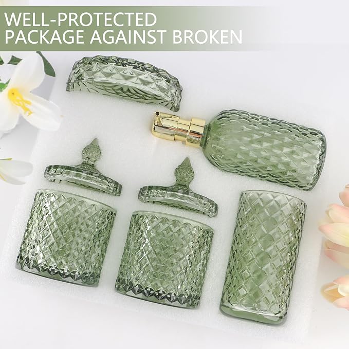 5Pcs Glass Bathroom Accessories Set,Green Vintage Bathroom Accessory Set, Bathroom Counter Sink Toothbrush Holder Set Includes 13.5oz Hand/Lotion Soap Dispenser & Tumbler & Soap Dish & Qtip Holders