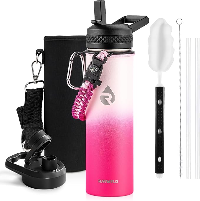 RAYMYLO Insulated Water Bottle 20 oz, Triple Wall Vacuum Stainless Steel (Cold for 24Hrs, Hot for 12Hrs), Leak Proof & Non-BPA, Modern Water Bottle Jug for School with Straw Spout Lids