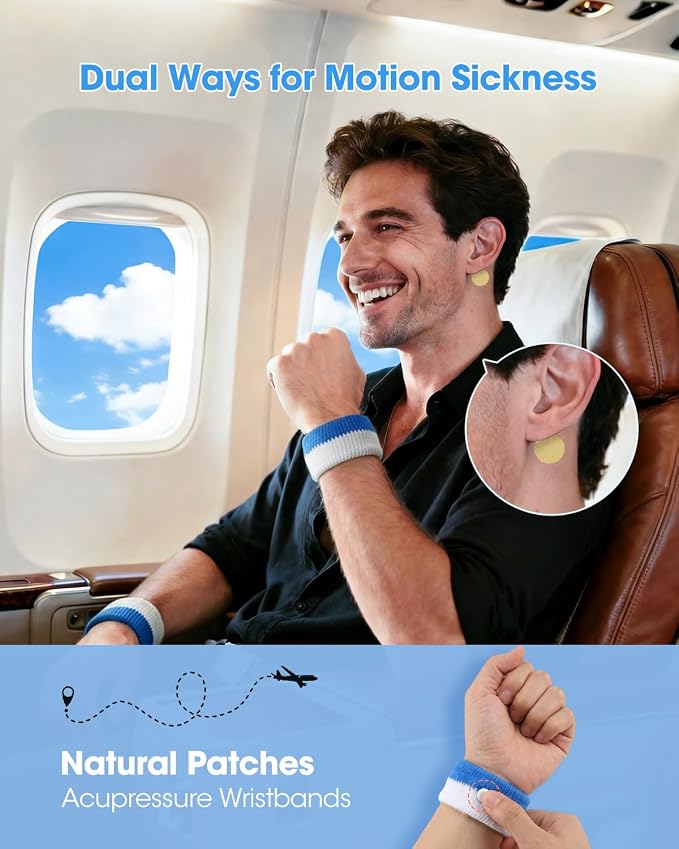MQ 1Pair Motion Sickness Wrist Bands Utilizing Acupressure Method and 28ct Sea Sickness Patches, Motion Sickness Wristbands for Cruise & Flight, Travel Essentials Non-Drowsy, Effective, Long-Lasting