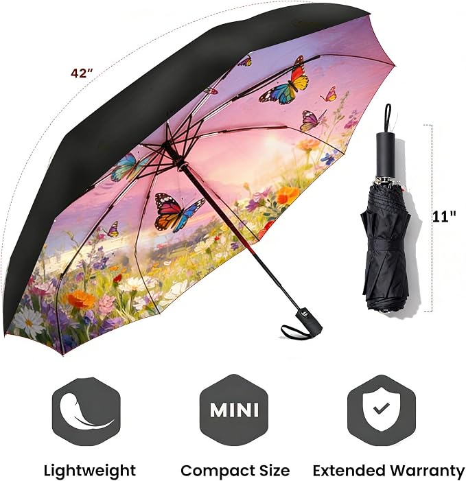 SIEPASA Compact Travel Umbrella - Windproof Auto Open/Close, Small Folding Umbrella for Rain & Sun with UPF50+ - Lightweight Frame, Waterproof - Fits Backpack, Purse, Suitcase.(Garden Butterfly)