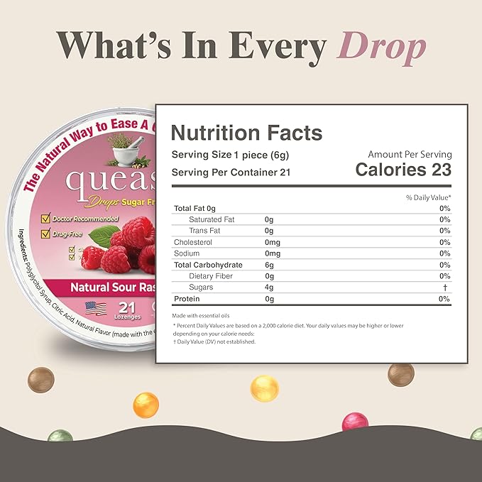 Three Lollies Queasy Drops Sugar Free - Natural Sour Raspberry Flavor - Ease Chemotherapy Nausea & Travel Sickness, Alleviates a Dry Mouth, Natural Ingredients - 21ct