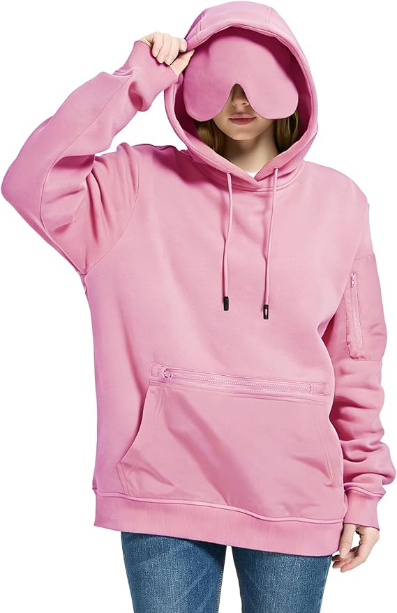 Travel Hoodie with Built-In Eye Mask for Airplane Travel Breathable Comfort Pullover Sweatshirt Multiple Pockets