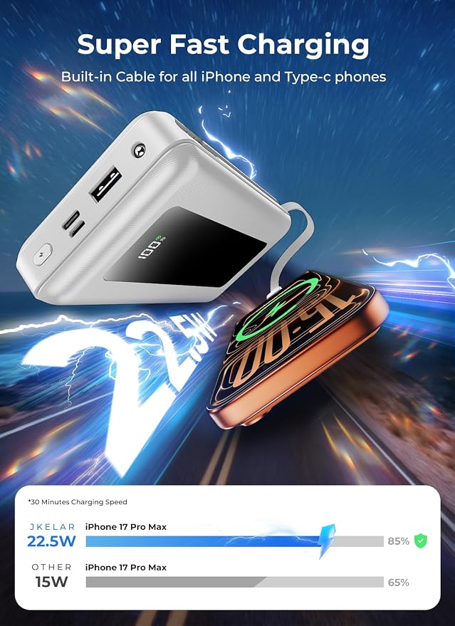 Power Bank, 50000mAh Travel Camping Essential Portable Charger with Built-in USB-C & iOS Cable, 22.5W PD Fast Charging Battery Pack, for iPhone 17/16/15, MacBook, Android – Pearl White