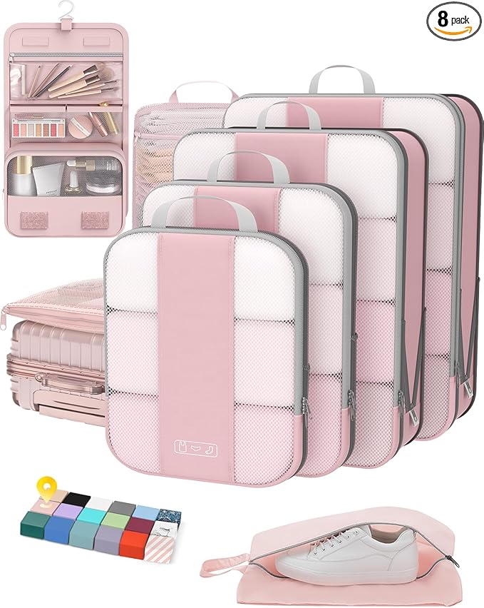 8 Set Compression Packing Cubes for Travel Essentials,Compressible Expandable Packing Cubes for Suitcase,OlarHike Luggage Garment Bags for Travel,Handy Helper for Organizing Clothes(Pink)