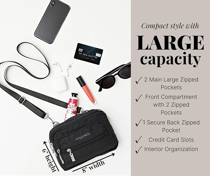 Baggallini Triple Zip Small Crossbody Bag for Women - Lightweight Convertible Fanny Pack Belt Bag